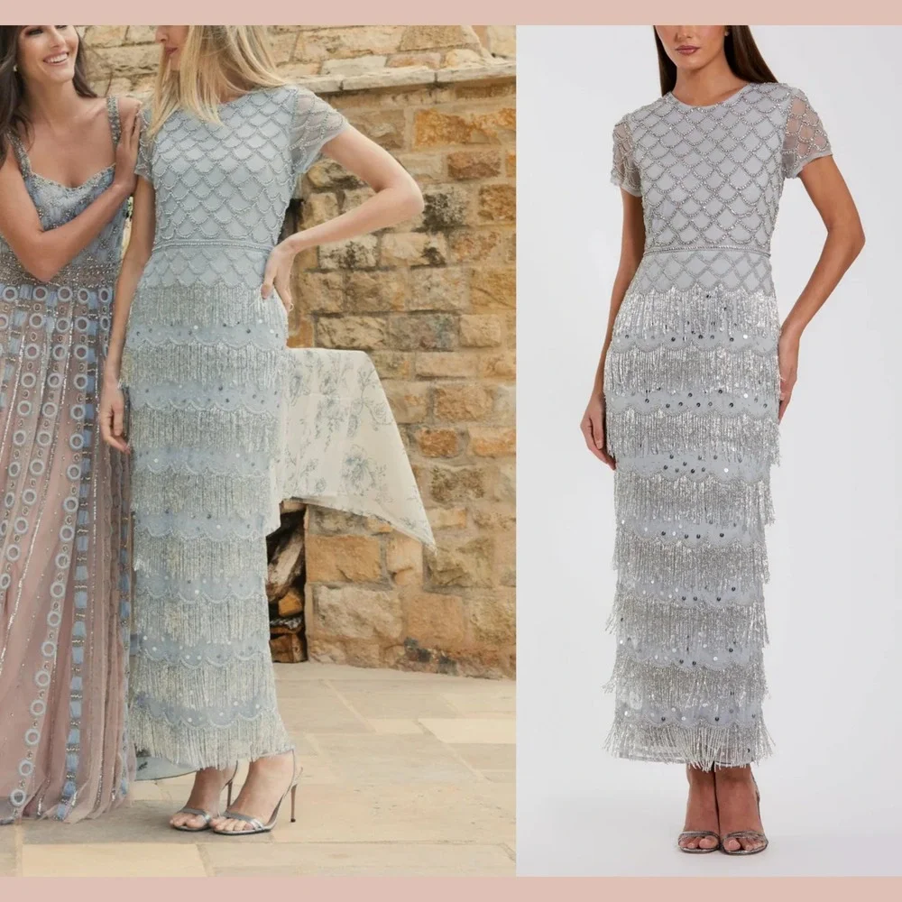 NWT Mac Duggal [ 6 ] 94077 Fringe Embellished Mesh Ankle Length Dress Gown J2379